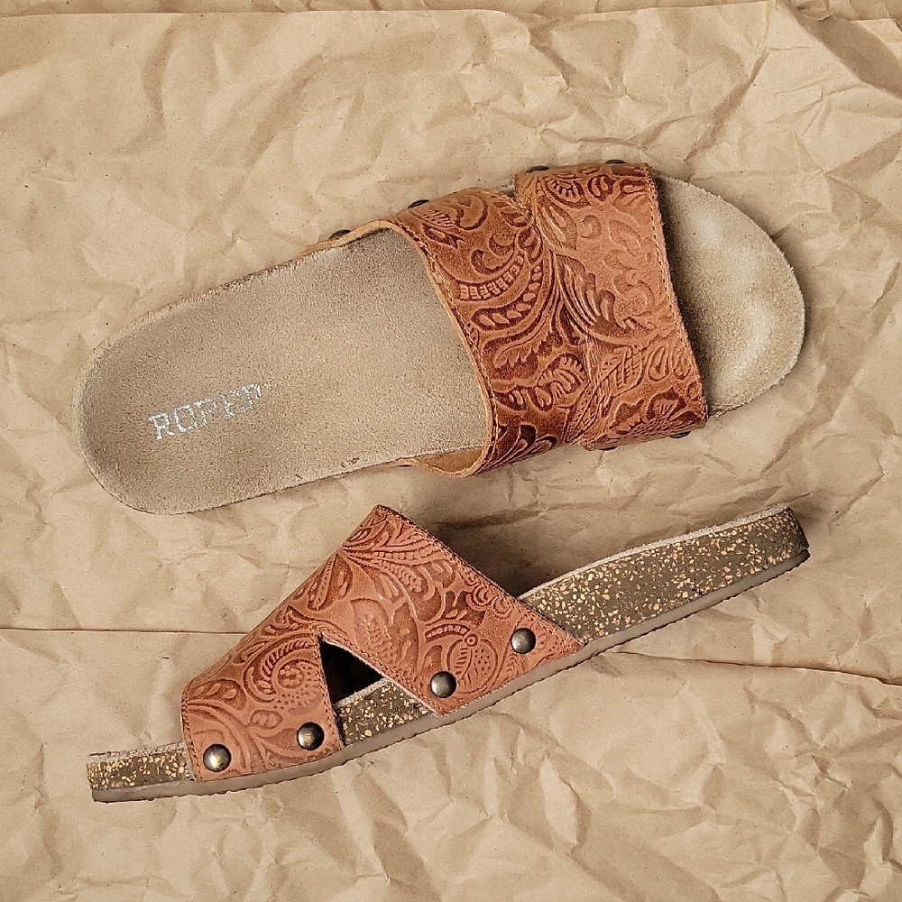 Roper Women's Embossed Leather Tan Slide Sandals